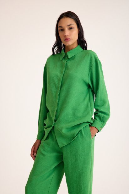 Mizalle Keten Dokulu Yazlık Rahat Kesimli Yeşil Gömlek - Mizalle