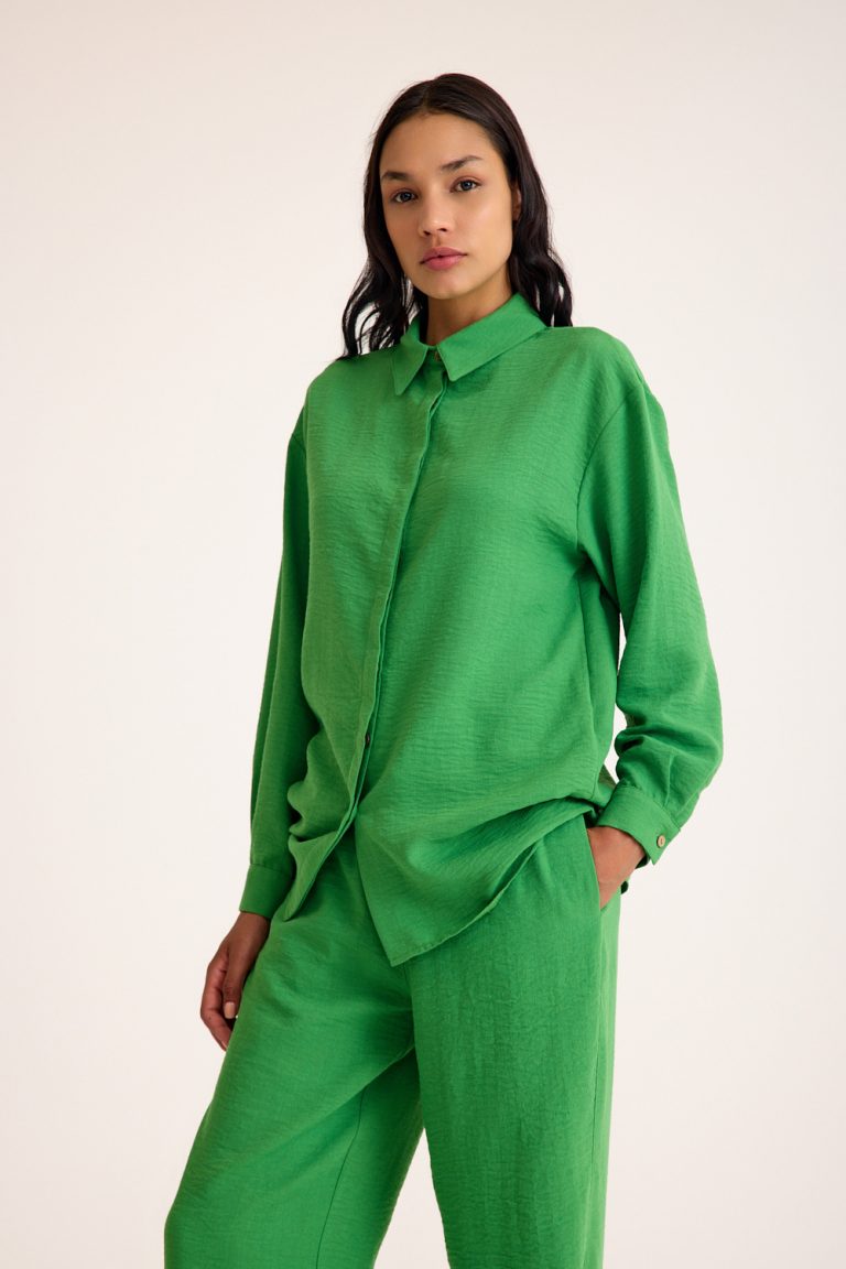 Mizalle Keten Dokulu Yazlık Rahat Kesimli Yeşil Gömlek - Mizalle