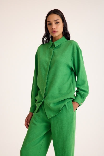 Mizalle - Mizalle Keten Dokulu Yazlık Rahat Kesimli Yeşil Gömlek