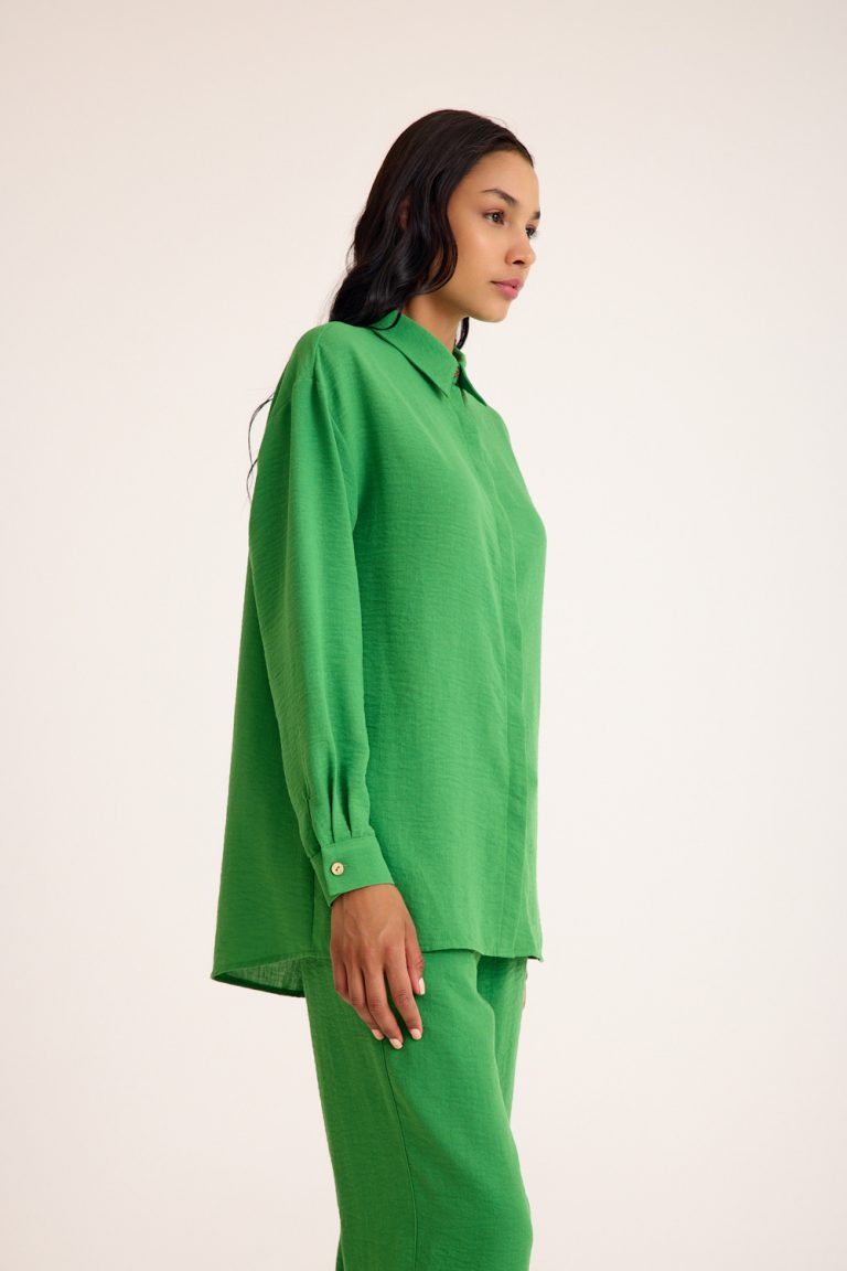 Mizalle Keten Dokulu Yazlık Rahat Kesimli Yeşil Gömlek - Mizalle