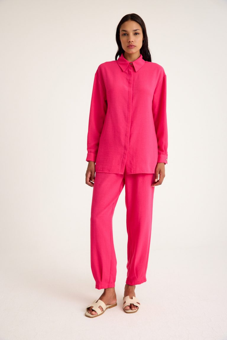 Mizalle Keten Dokulu Yazlık Rahat Kesimli Fuşya Gömlek - Mizalle