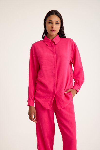 Mizalle Keten Dokulu Yazlık Rahat Kesimli Fuşya Gömlek - Mizalle