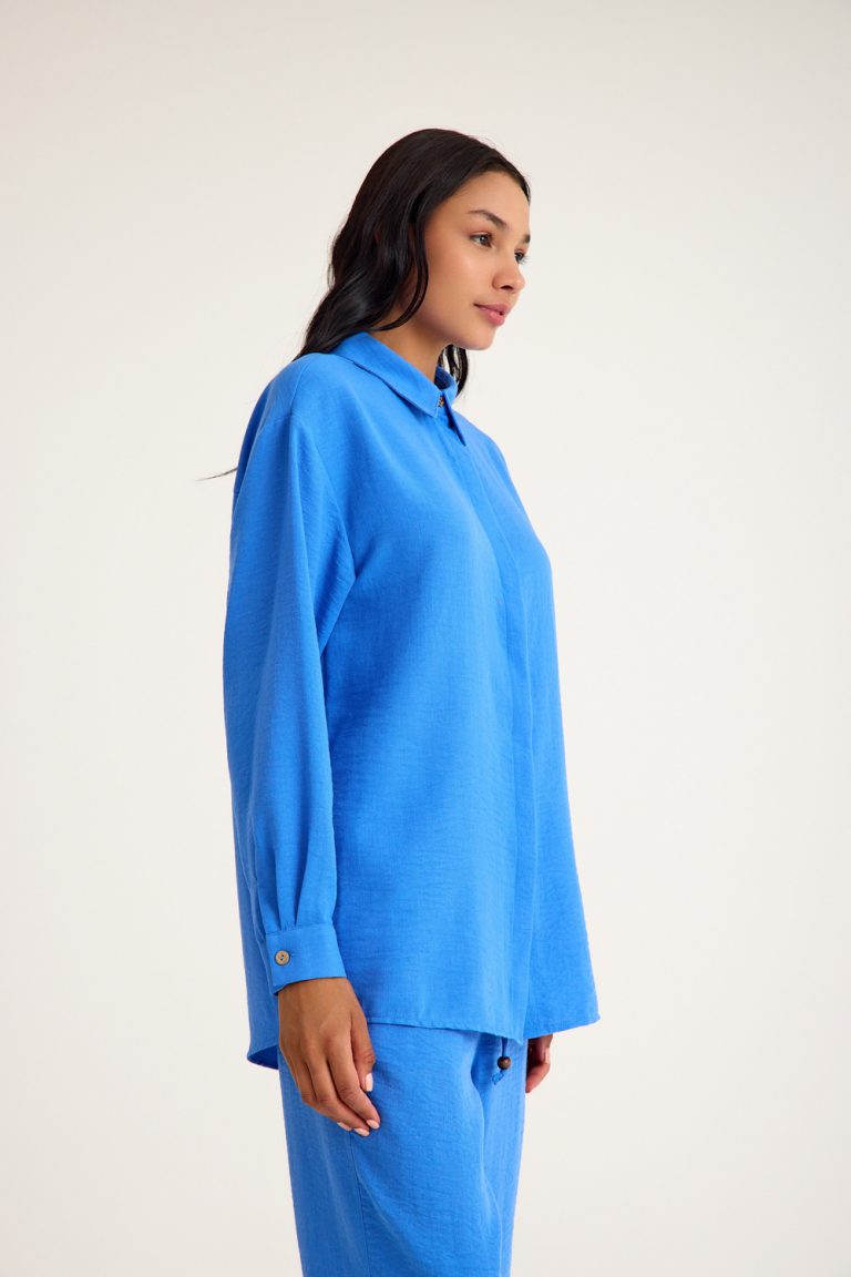 Mizalle Keten Dokulu Yazlık Rahat Kesimli Mavi Gömlek - Mizalle