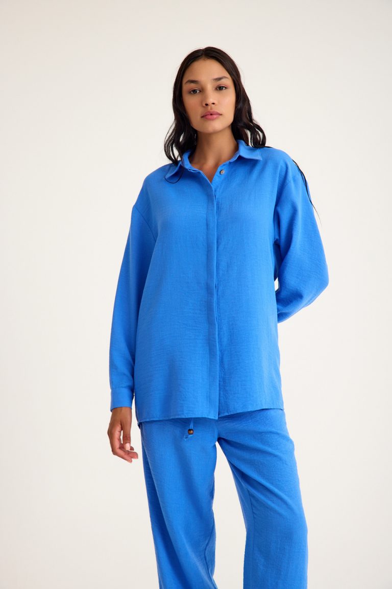 Mizalle Keten Dokulu Yazlık Rahat Kesimli Mavi Gömlek - Mizalle