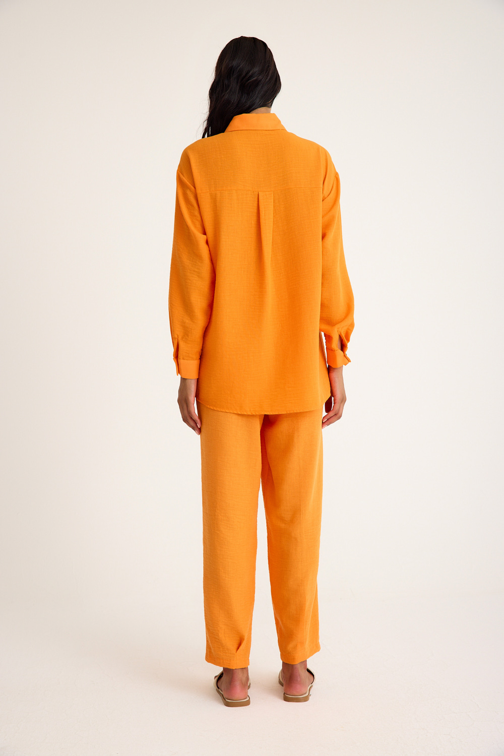 Mizalle Keten Dokulu Yazlık Rahat Kesimli Turuncu Gömlek