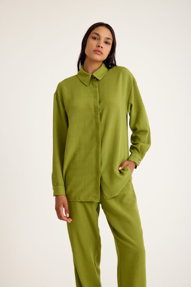 Mizalle Keten Dokulu Yazlık Rahat Kesimli Açık Yeşil Gömlek - Mizalle