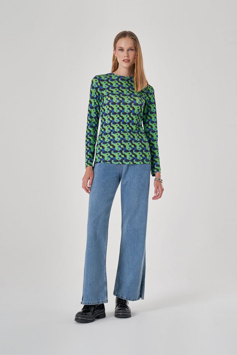 Mizalle Yeşil Grafik Baskı Yuvarlak Yaka Uzun Kollu Bluz - Mizalle