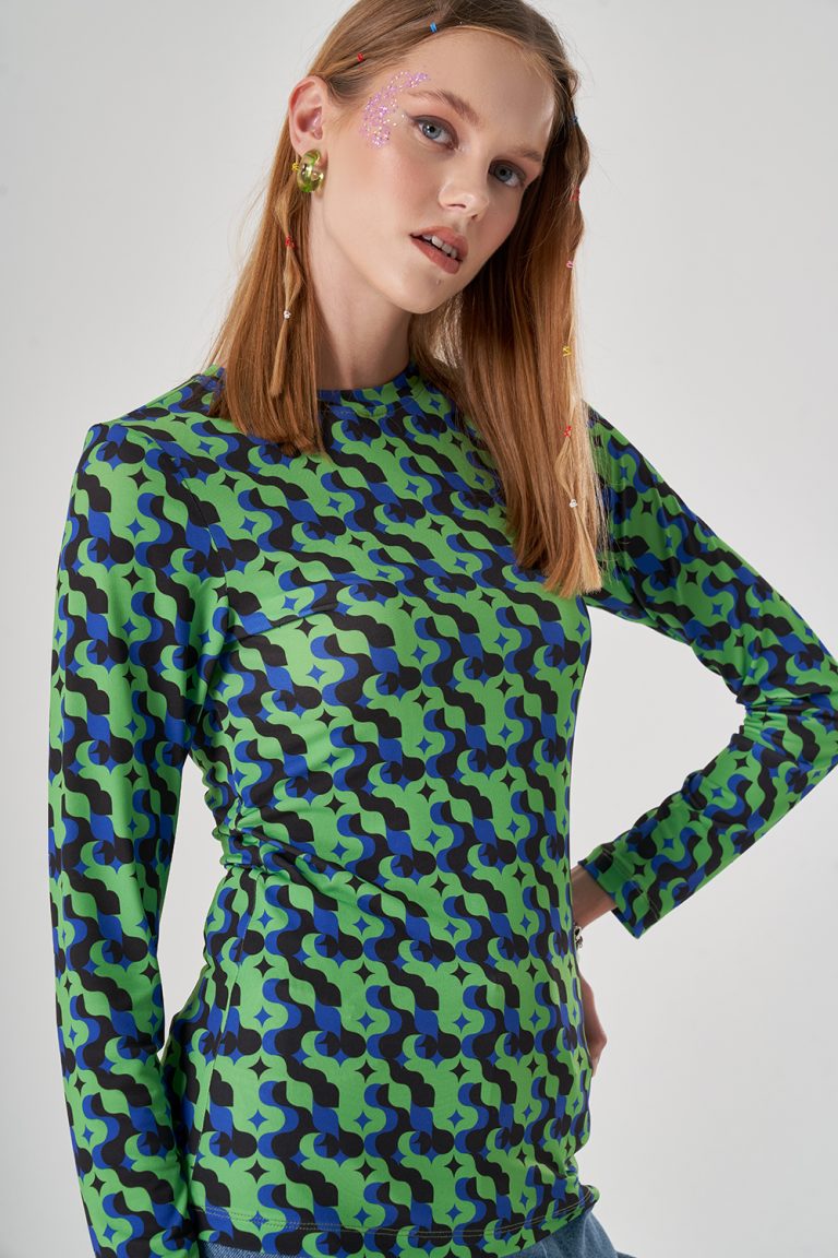 Mizalle Yeşil Grafik Baskı Yuvarlak Yaka Uzun Kollu Bluz - Mizalle
