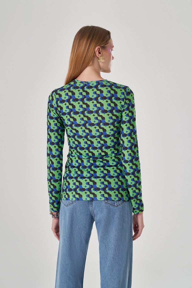 Mizalle Yeşil Grafik Baskı Yuvarlak Yaka Uzun Kollu Bluz - Mizalle