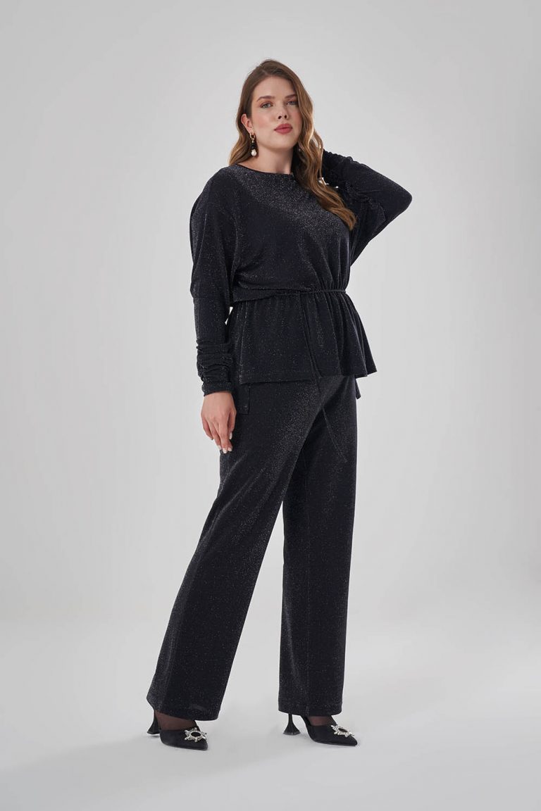 Mizalle Siyah Sim Dokulu Beli Büzgülü Büyük Beden Siyah Tunik - Mizalle