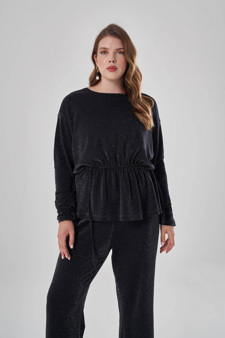 Mizalle Siyah Sim Dokulu Beli Büzgülü Büyük Beden Siyah Tunik - Mizalle