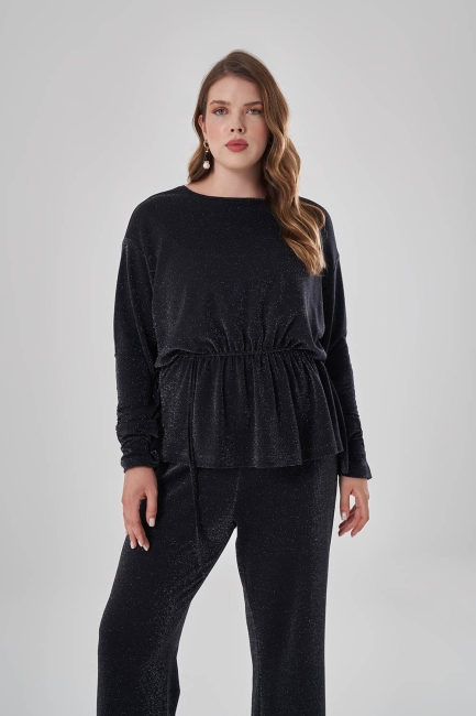 Mizalle - Mizalle Siyah Sim Dokulu Beli Büzgülü Büyük Beden Siyah Tunik Mizalle - Mizalle Siyah Sim Dokulu Beli Büzgülü Büyük Beden Siyah Tunik