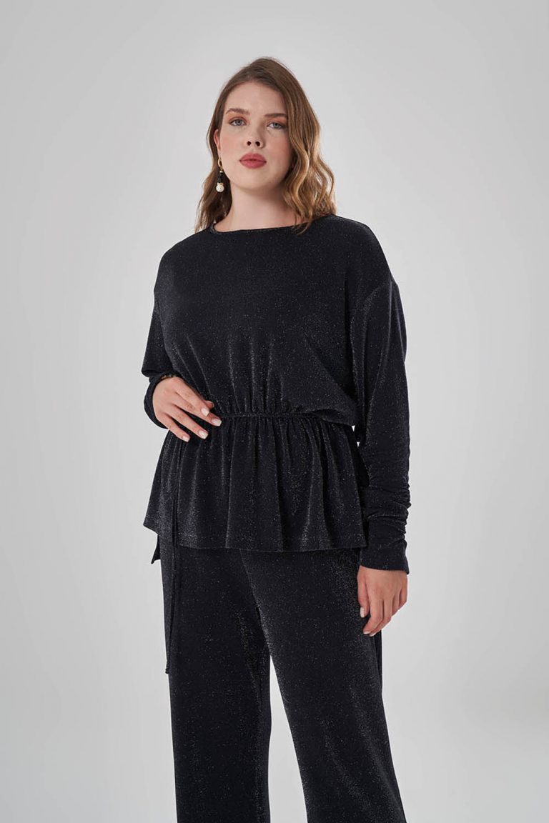 Mizalle Siyah Sim Dokulu Beli Büzgülü Büyük Beden Siyah Tunik - Mizalle