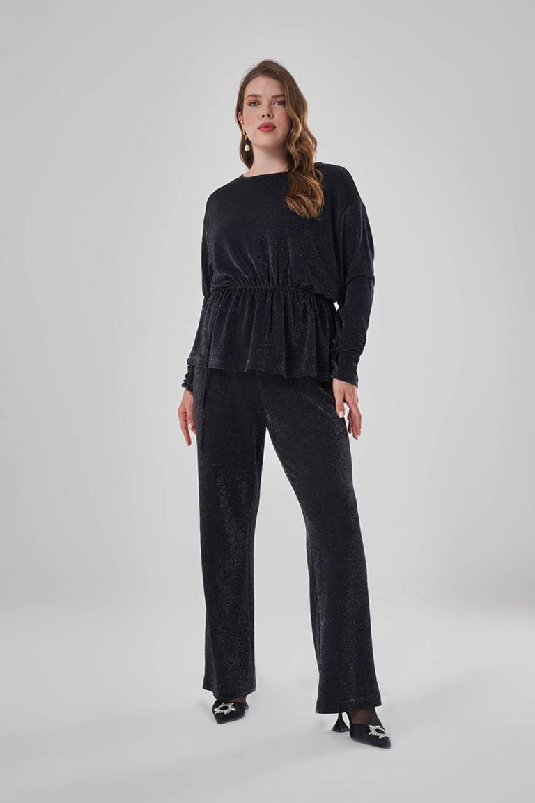 Mizalle Siyah Sim Dokulu Beli Büzgülü Büyük Beden Siyah Tunik - Mizalle