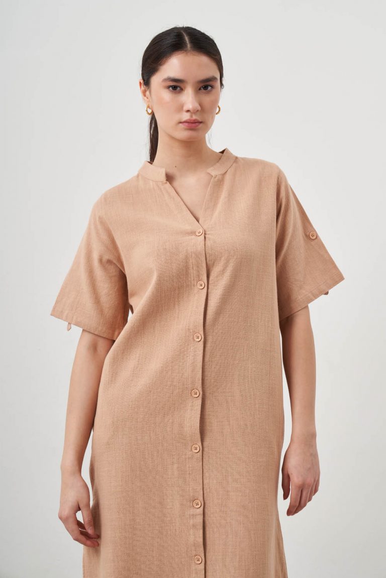 Mizalle Hakim Yaka Keten Görünümlü Camel Kısa Kollu Uzun Yazlık Elbise - Mizalle