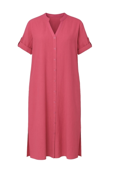 Mizalle - Mizalle Hakim Yaka Keten Görünümlü Fuşya Kısa Kollu Uzun Yazlık Elbise Mizalle - Mizalle Hakim Yaka Keten Görünümlü Fuşya Kısa Kollu Uzun Yazlık Elbise