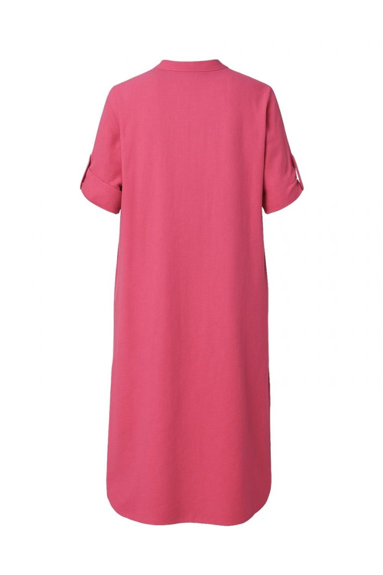 Mizalle Hakim Yaka Keten Görünümlü Fuşya Kısa Kollu Uzun Yazlık Elbise - Mizalle