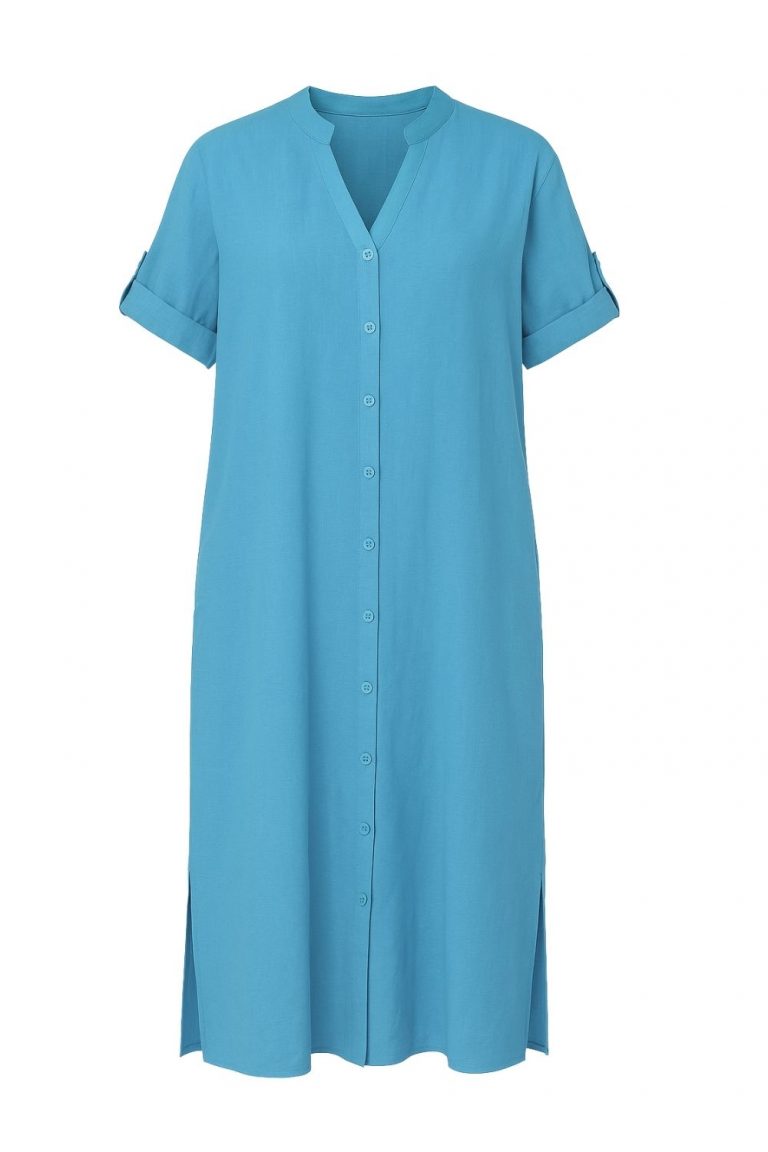 Mizalle Hakim Yaka Keten Görünümlü Mavi Kısa Kollu Uzun Yazlık Elbise - Mizalle