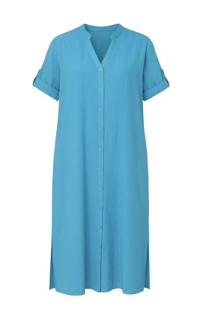 Mizalle - Mizalle Hakim Yaka Keten Görünümlü Mavi Kısa Kollu Uzun Yazlık Elbise Mizalle - Mizalle Hakim Yaka Keten Görünümlü Mavi Kısa Kollu Uzun Yazlık Elbise
