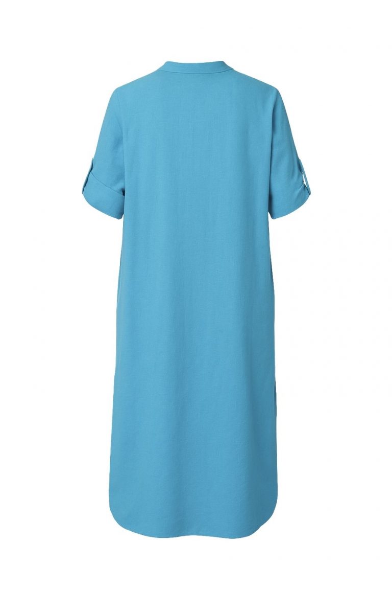 Mizalle Hakim Yaka Keten Görünümlü Mavi Kısa Kollu Uzun Yazlık Elbise - Mizalle