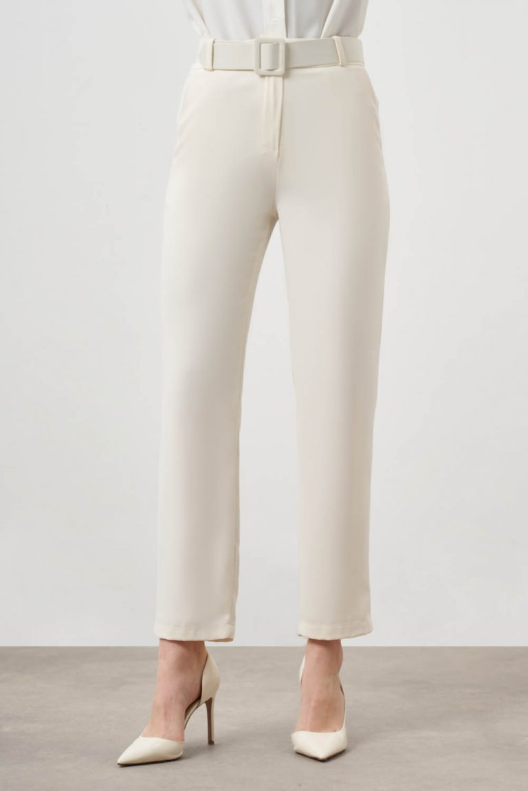 Hazır Kemerli Ekru Pantolon - Mizalle