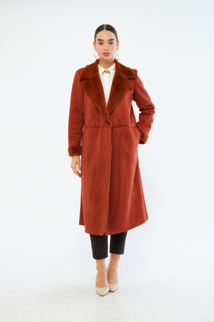 Mizalle - Mizalle Kürk Görünümlü İçi Peluş Uzun Taba Rengi Kaban