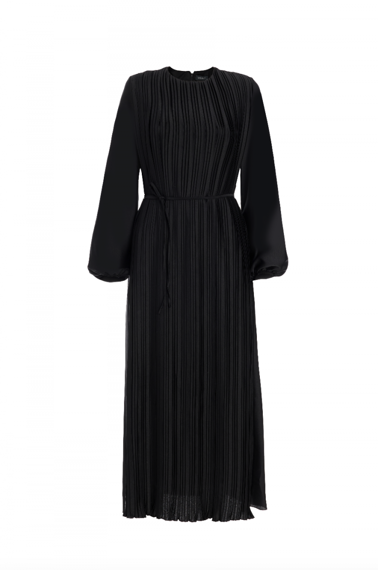 Mizalle Full İnce Pliseli Yuvarlak Yaka Siyah Maksi Saten Elbise - Mizalle