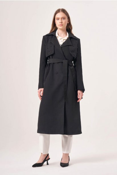 İnci Detaylı Siyah Trençkot - Mizalle