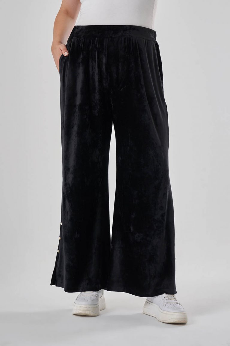 Mizalle İnci Detaylı Siyah Kadife Bütük Beden Pantolon - Mizalle