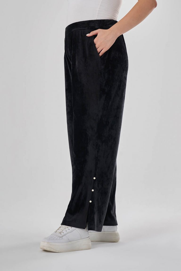 Mizalle İnci Detaylı Siyah Kadife Bütük Beden Pantolon - Mizalle