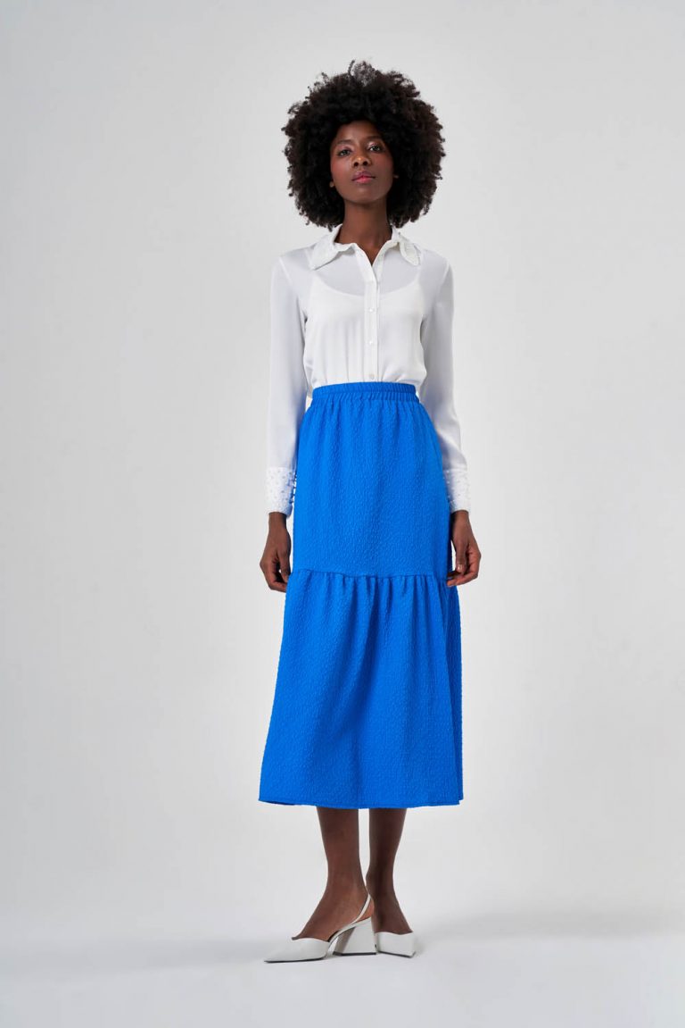 Mizalle Jakar Dokulu İnce Midi Mavi Etek - Mizalle