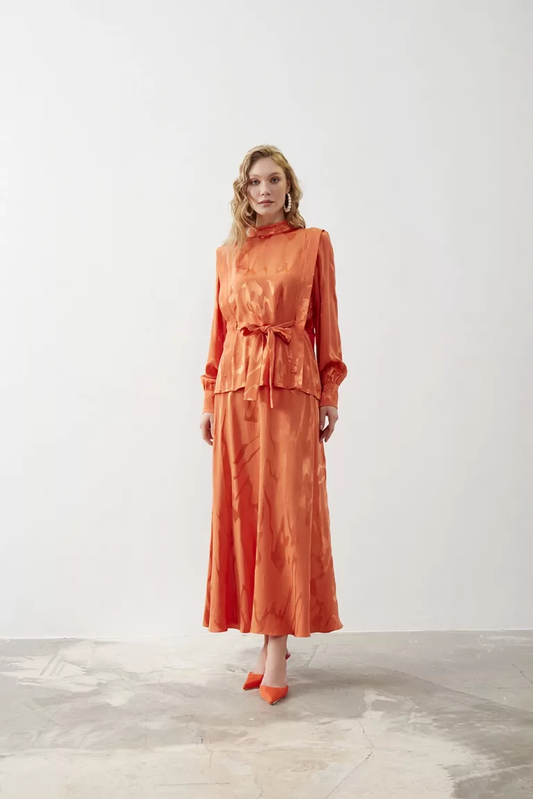 Mizalle Desen Jakarlı Uzun Turuncu Etek - Mizalle