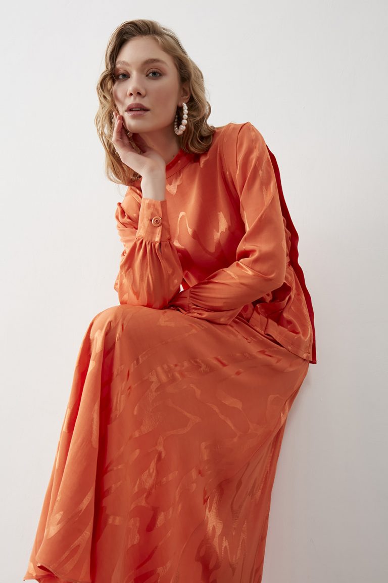 Mizalle Desen Jakarlı Uzun Turuncu Etek - Mizalle