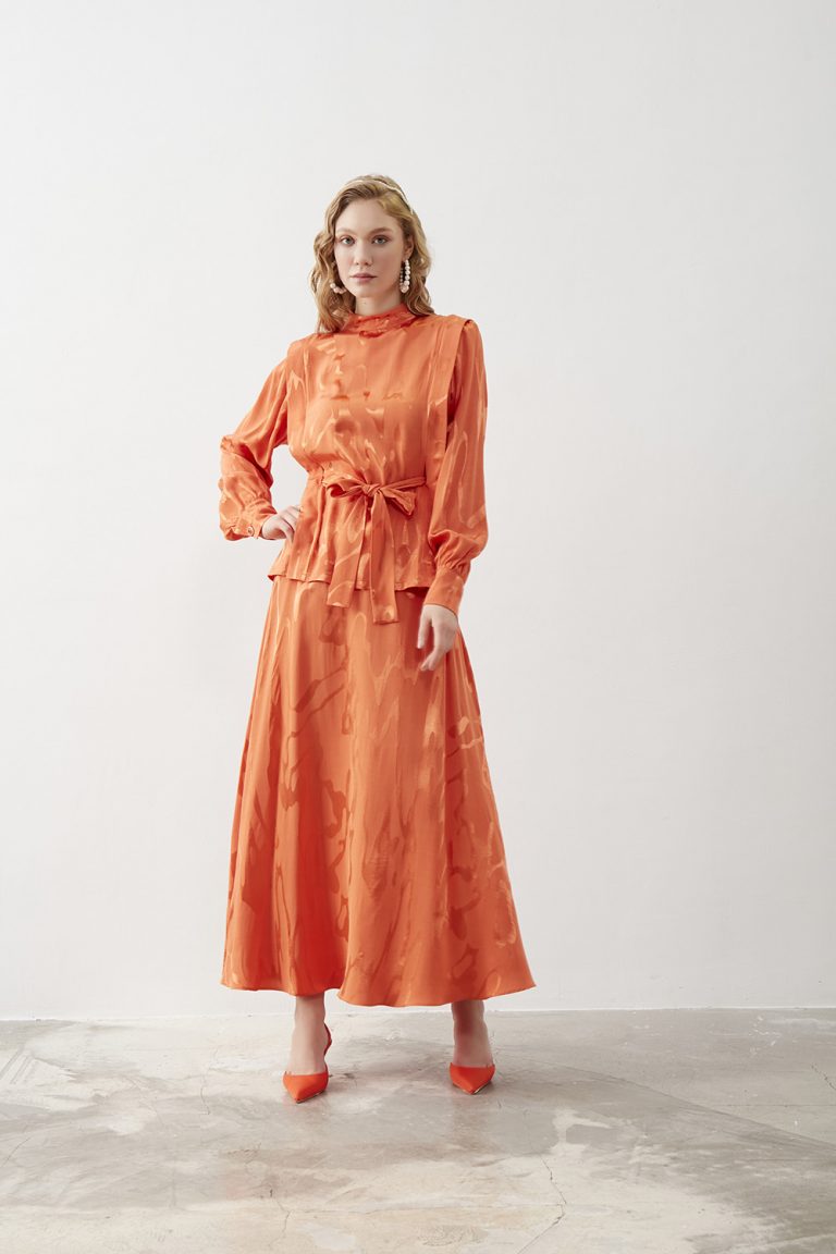 Mizalle Desen Jakarlı Uzun Turuncu Etek - Mizalle