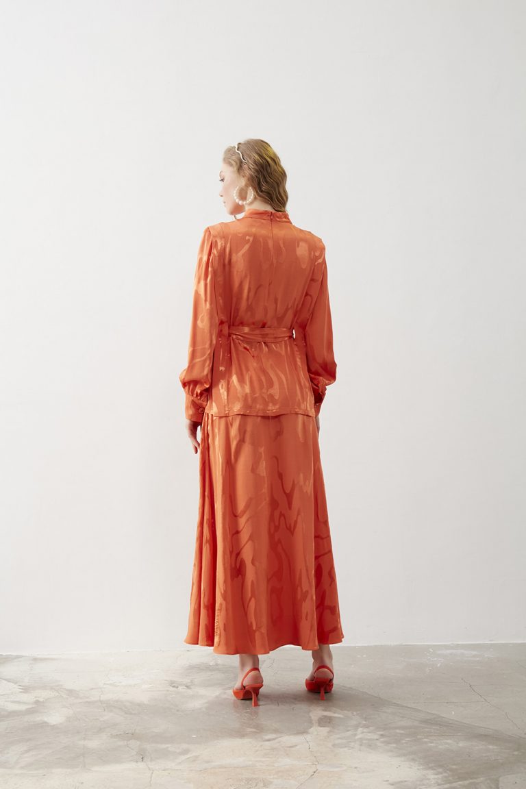 Mizalle Desen Jakarlı Uzun Turuncu Etek - Mizalle