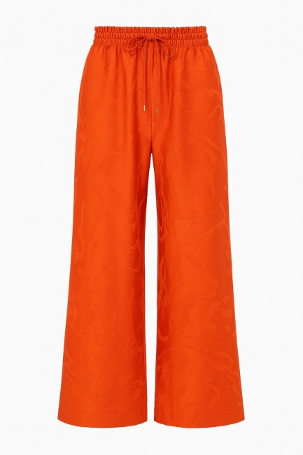 Mizalle - Mizalle Beli Lastikli Geniş Paça Jakarlı Turuncu Pantolon