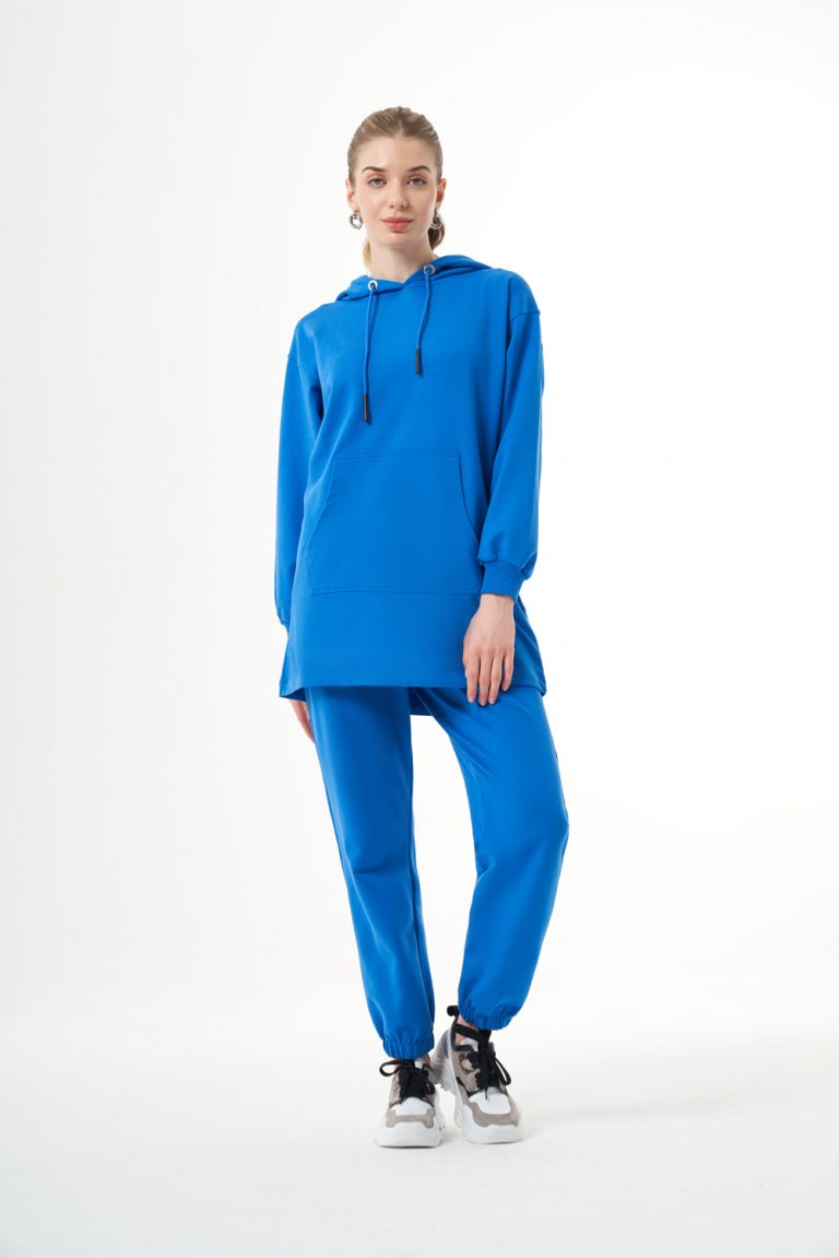 Mizalle Kapüşonlu Kanguru Cepli Mavi Sweatshirt - Mizalle