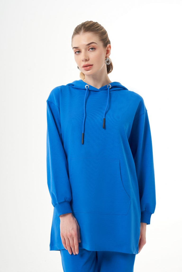 Mizalle Kapüşonlu Kanguru Cepli Mavi Sweatshirt - Mizalle