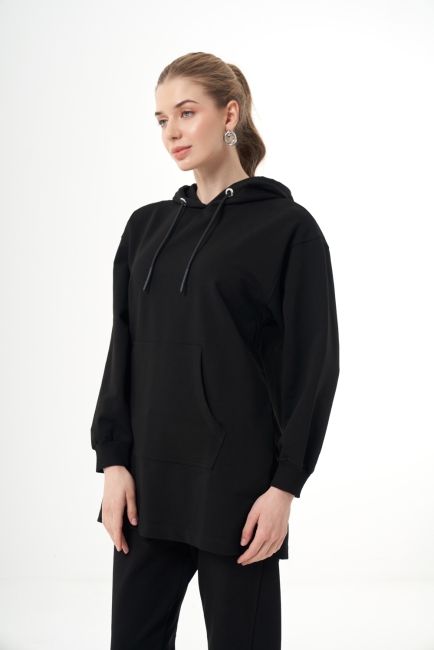 Mizalle - Mizalle Kapüşonlu Kanguru Cepli Siyah Sweatshirt Mizalle - Mizalle Kapüşonlu Kanguru Cepli Siyah Sweatshirt