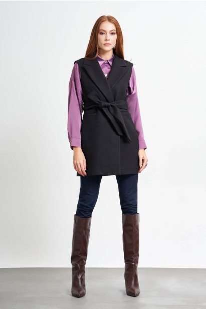 MizalleCeket Yaka Kaşe Dokulu Siyah Kemerli Yelek - Mizalle