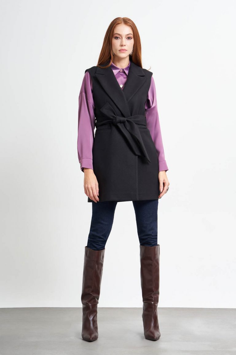 MizalleCeket Yaka Kaşe Dokulu Siyah Kemerli Yelek - Mizalle