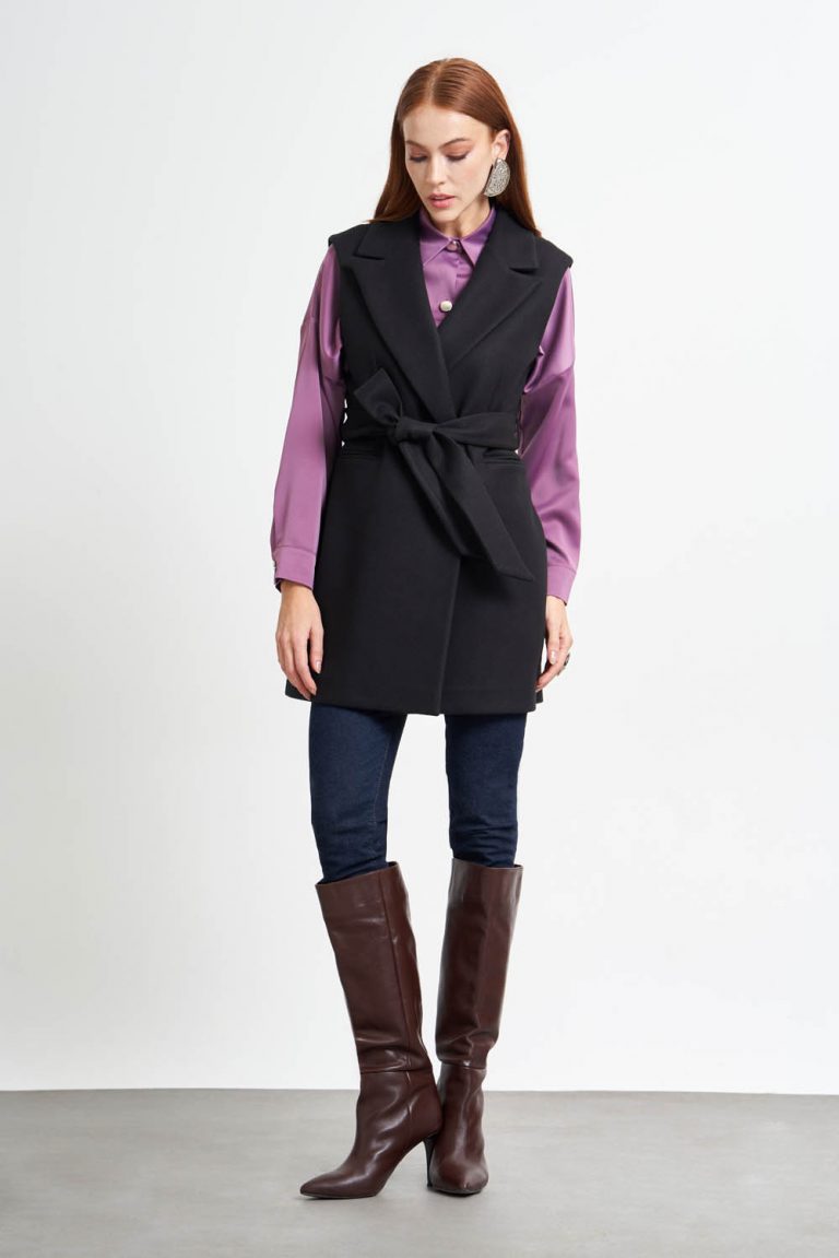 MizalleCeket Yaka Kaşe Dokulu Siyah Kemerli Yelek - Mizalle