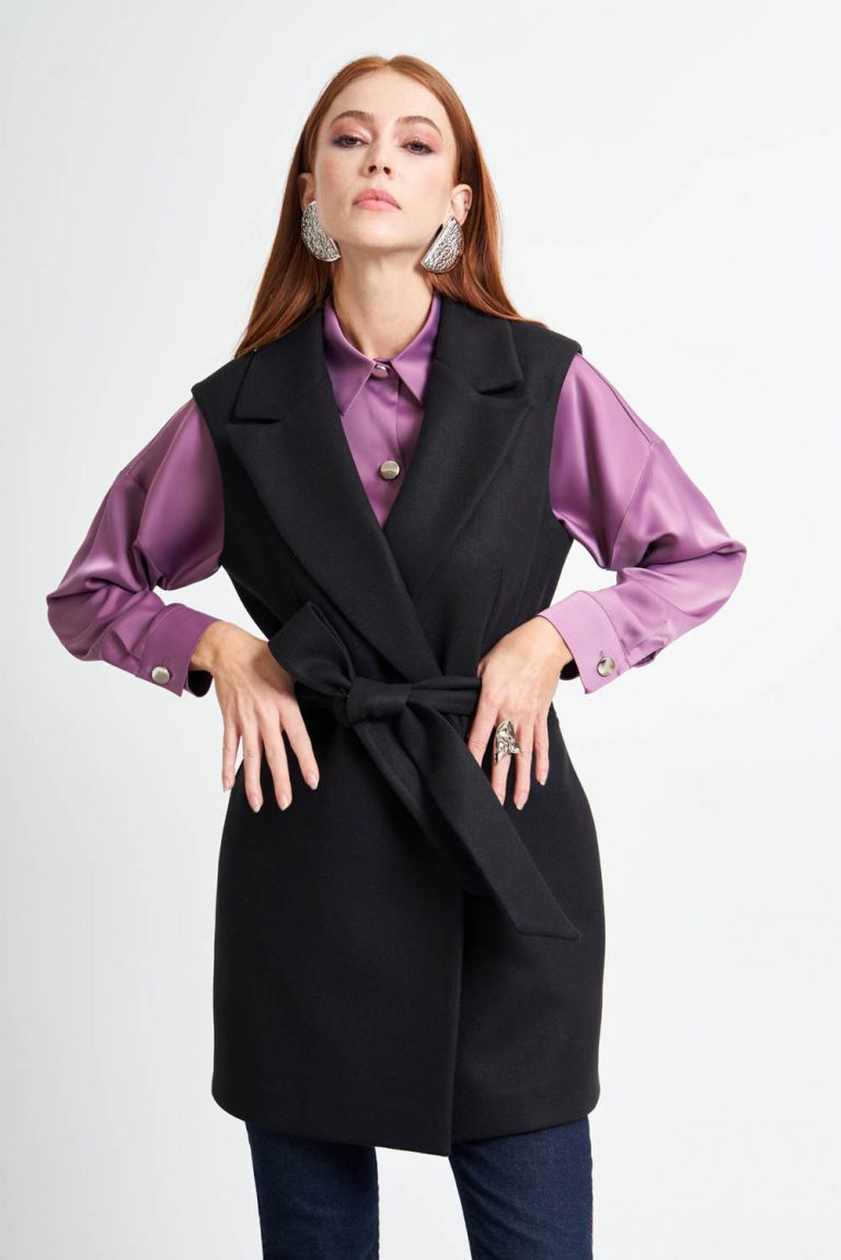 MizalleCeket Yaka Kaşe Dokulu Siyah Kemerli Yelek - Mizalle