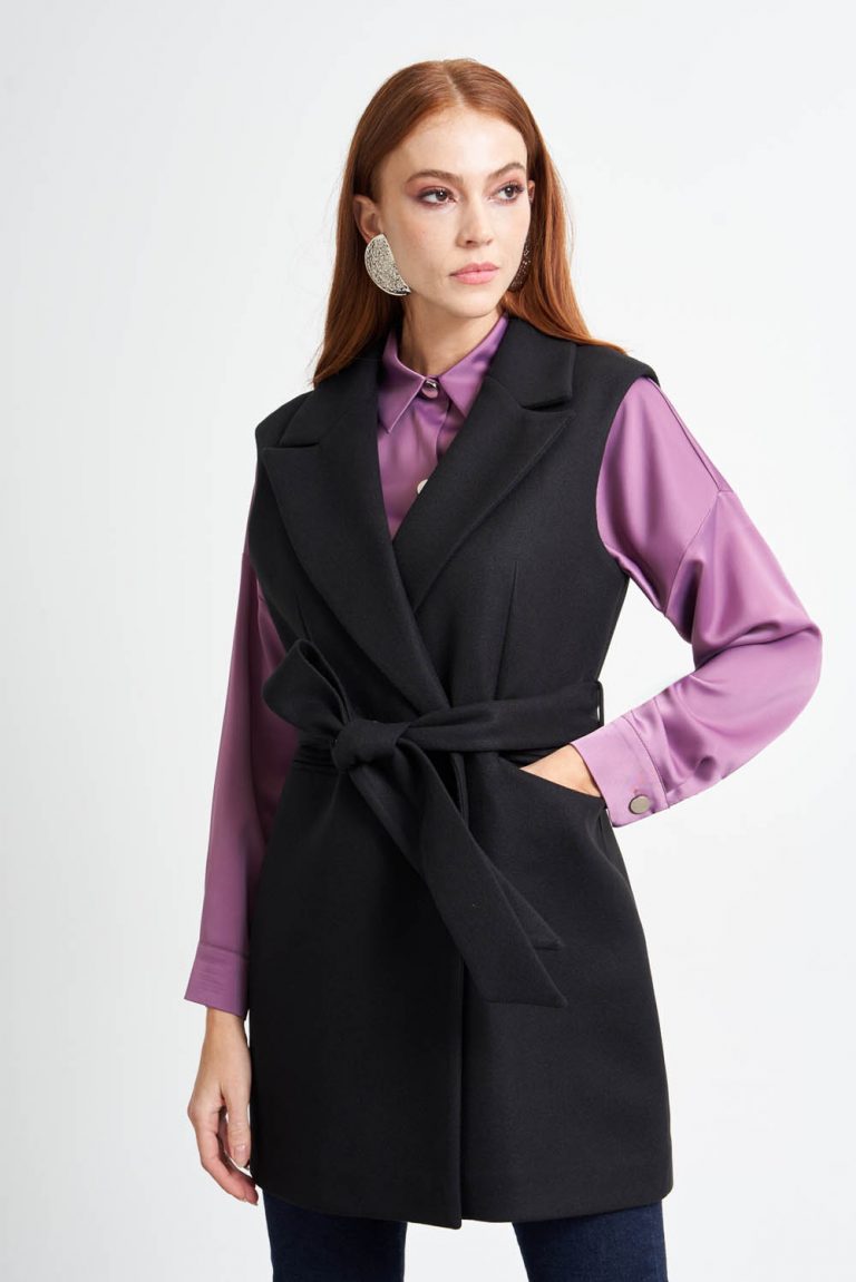 MizalleCeket Yaka Kaşe Dokulu Siyah Kemerli Yelek - Mizalle