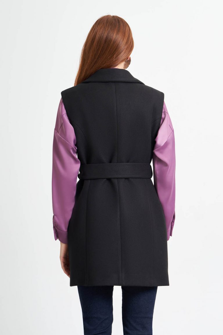 MizalleCeket Yaka Kaşe Dokulu Siyah Kemerli Yelek - Mizalle