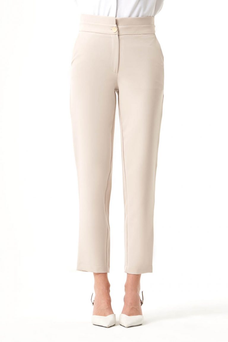 Mizalle Bel Detaylı Klasik Kısa Paça Bej Kumaş Pantolon - Mizalle
