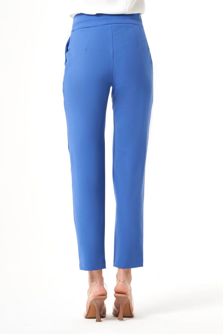 Mizalle Bel Detaylı Klasik Kısa Paça Mavi Kumaş Pantolon - Mizalle