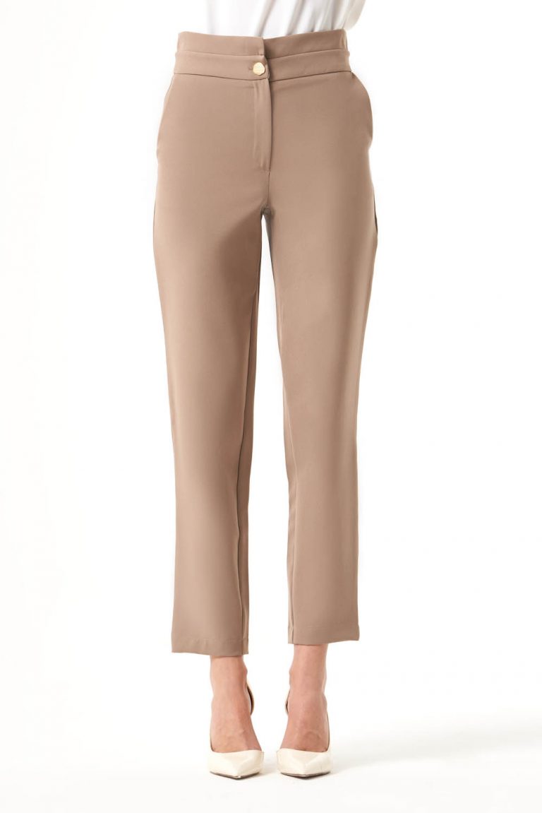 Mizalle Bel Detaylı Klasik Kısa Paça Vizon Kumaş Pantolon - Mizalle