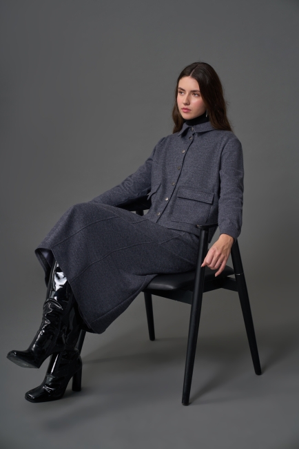 Mizalle - Mizalle Yün Keçe Dokulu Kapaklı Cepli Gri Gömlek Ceket