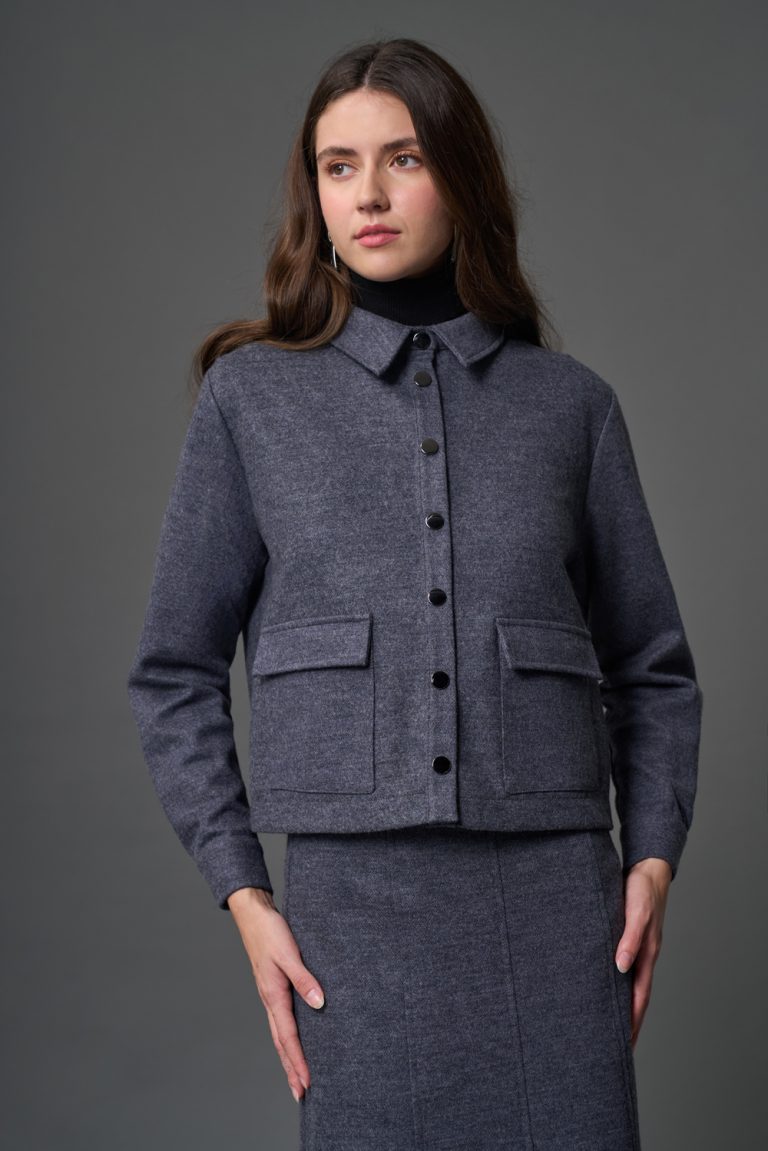 Mizalle Yün Keçe Dokulu Kapaklı Cepli Gri Gömlek Ceket - Mizalle